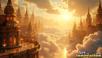 Above a sea of pale clouds, a golden palace stands in warm sunlight