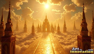 Rising above soft clouds, a golden city with tall spires catches bright sunlight