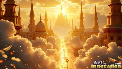Golden towers and spires rising through clouds at sunset