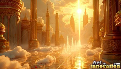 Tall golden pillars border water fountains in a palace city above soft white clouds