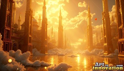 Golden towers rise above thick clouds into bright, warm sunshine