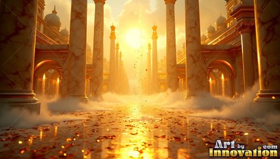 Looking forward along a gold marble temple courtyard toward bright sunlight
