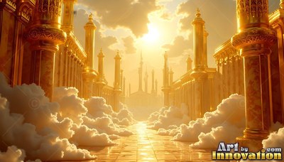 A street made of gold pillars and fluffy pale clouds leads to a bright sun