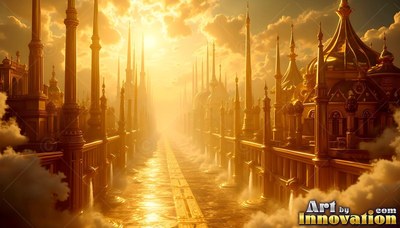 Above the clouds, a golden city lines a long bridge into the bright sun