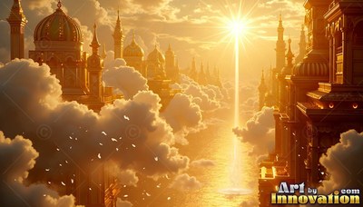 Rising above fluffy light clouds, a bright golden palace catches the bright sun beam