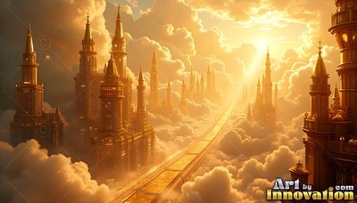 Golden castle towers and a long bridge rise above sunny clouds