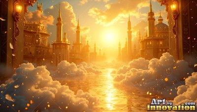 Pointed gold towers of a city rise through light clouds toward a bright yellow sun