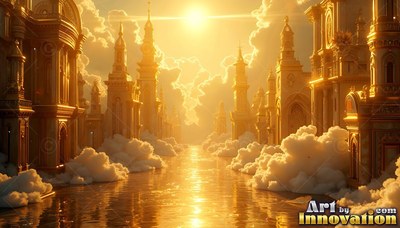 Golden city towers rise above white clouds along a flooded street lit by the warm sun