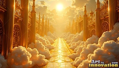 Facing directly down a golden walkway between clouds in sunlight