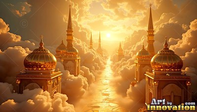Golden domes and spires rise out of thick clouds under a bright sun