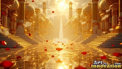In a golden courtyard, a water fountain sits between domed palaces with red rose petals