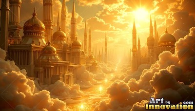 Rising above dense clouds, a gold palace sits under bright sunlight