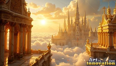 Golden castle above clouds in the morning sun