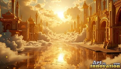 Tall pointed spires rise from shining golden palace towers along a reflective cloud canal under the sun