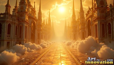 A golden stone street stretches past tall cathedrals into bright yellow sunlight
