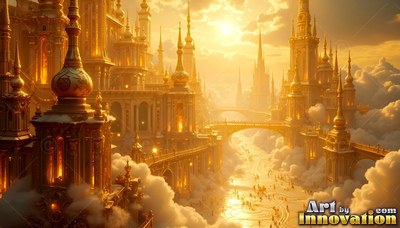 Viewed from above, a golden city stands over bright white clouds in warm sunlight