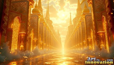 A golden city street lined with tall towers and bright yellow sunlight