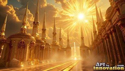 In a golden city above the clouds, tall white spires stand under bright sunlight