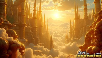 Rising above soft clouds, a golden city stands under a bright sun
