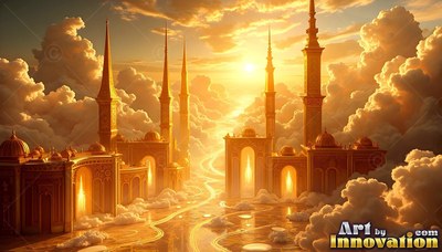 Palace towers above soft clouds at sunrise