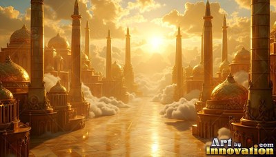 Tall gold spires rise from a city above the clouds in warm yellow sunlight