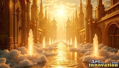 A bright golden palace walkway lined with fountains rising out of clouds under warm sunlight