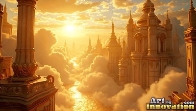Looking down at golden towers rising high through bright clouds in sunset light