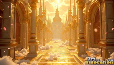 White pillars line a golden palace hallway filled with low clouds in bright sunlight