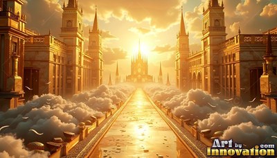 Above soft white clouds, a long golden walkway leads toward a palace at sunset
