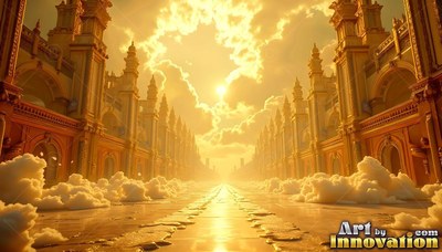 Stretching toward a bright sun, a golden street lines palace towers in white clouds