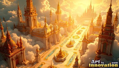 A golden city with tall towers above bright white clouds in sunlight
