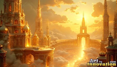 Pointed spires rise from a golden city built across clouds under bright yellow sunlight