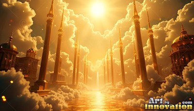 Tall golden pillars line a sky walkway under warm sunlight between white clouds