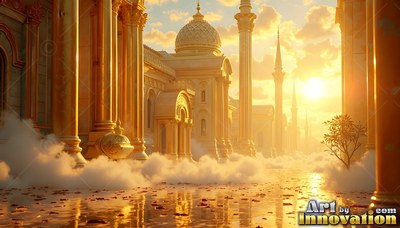 Facing straight down a cloudy courtyard of a golden palace at sunset