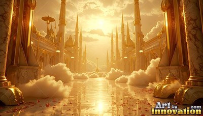 A golden palace walkway lined with marble columns leads into sunny clouds