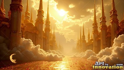Above clouds under a bright sun, a golden palace lines a wide street