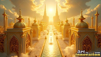 Rising above clouds, a bright golden palace lines a canal toward the bright sun
