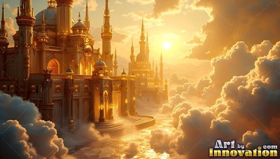Gold palace spires stand above white clouds at sunrise