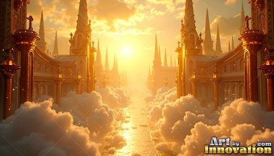 Tall golden spires flank a sunlit street of a celestial city rising above fluffy white clouds