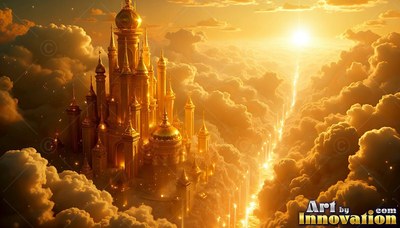 A golden castle rises above thick clouds under bright yellow sunlight