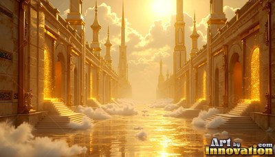 Looking straight down a canal between golden palaces into bright clouds