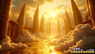 A golden street lined with tall spires runs through puffy clouds at sunset