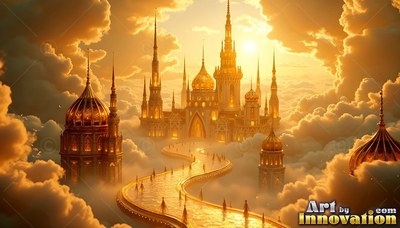 Above pale clouds, a palace sits under warm sunlight with a curving road