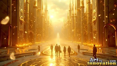 Walking into bright sunlight, dark figures move down a grand golden hall lined with tall pillars