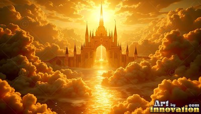 Golden palace above yellow clouds under bright sunlight