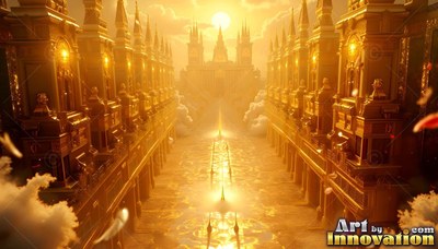 Pointed golden spires line a long water canal in a sunlit palace city above the clouds