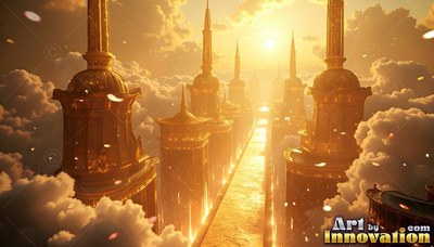 Golden towers rise through thick clouds toward a bright yellow sun along a long bridge