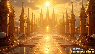 Facing forward down a long walkway toward a golden city under a bright sun
