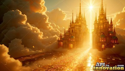 A golden castle with tall spires sits high in bright clouds under the sun