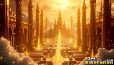 In bright clouds, tall golden columns line a wide walkway to a palace